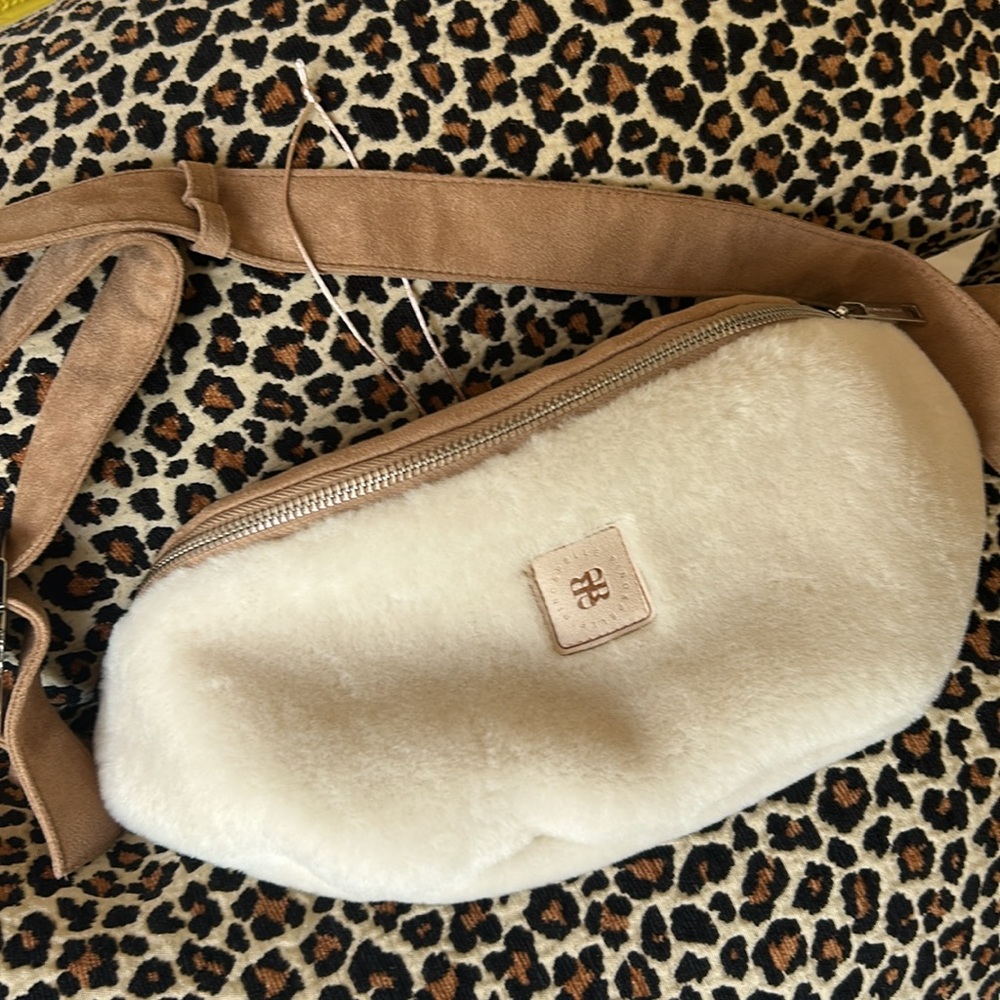 Cream and Tan Fuzzy Crossbody Bag